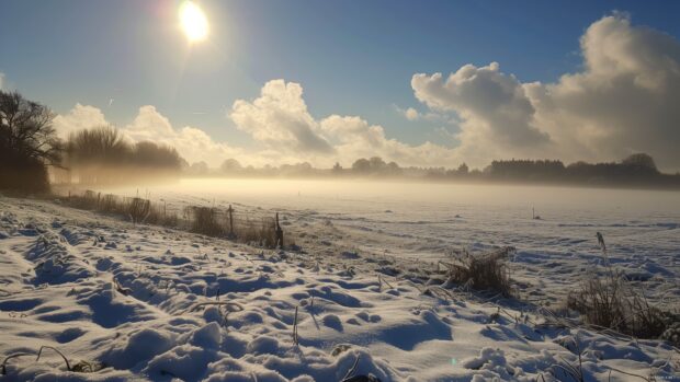 A peaceful winter landscape with snow covered fields and trees under a bright sun