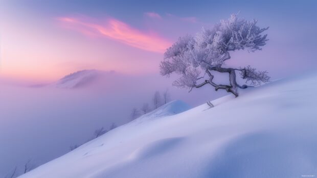 Frost covered tree on snowy hill in winter landscape at sunrise