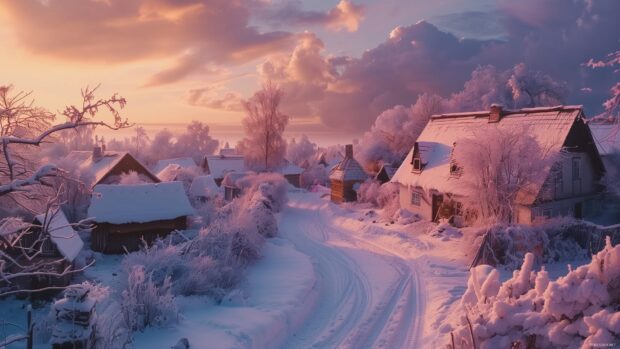 Snow covered village road and houses in winter landscape at sunset