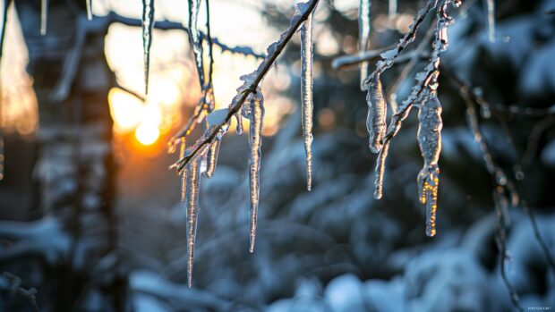 Icicles hanging from frozen branches during winter sunset with warm sunlight