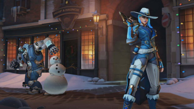 Winter Wonderland featuring futuristic characters in a snowy street scene under festive lights
