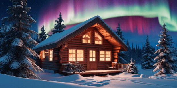 A winter wonderland cabin surrounded by snow covered pine trees under northern lights