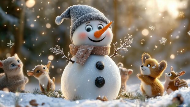 A cute snowman with a carrot nose wearing a scarf and hat surrounded by small animals in the snow