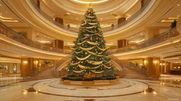 A luxurious lobby with a large decorated Christmas tree in the center surrounded by elegant staircases