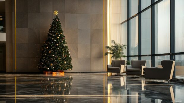 A modern office lobby decorated with a large Christmas tree and cozy seating area