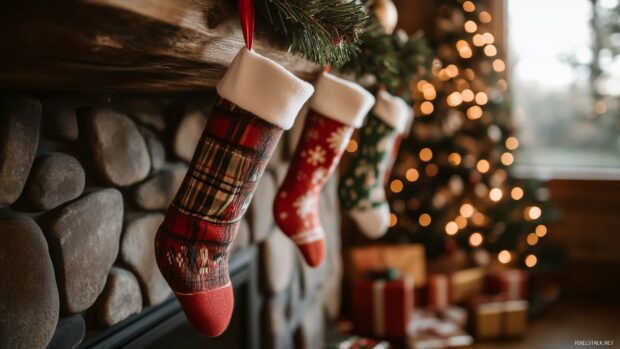 Cozy Christmas stockings hanging on a stone fireplace decorated with Christmas decorations