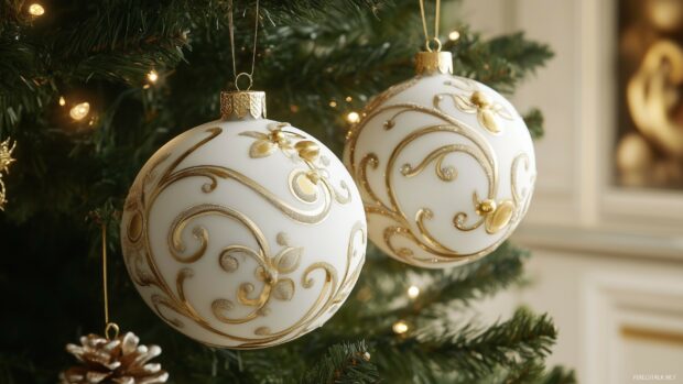 Two white Christmas ornaments with gold decorations hanging on a Christmas tree branch