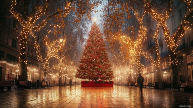 A festive street scene with a large Christmas tree and glowing lights surrounding autumn trees