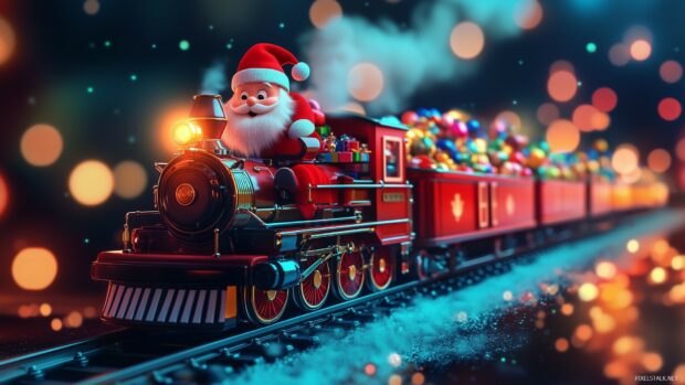 Santa Claus riding a festive train filled with colorful Christmas gifts and decorations