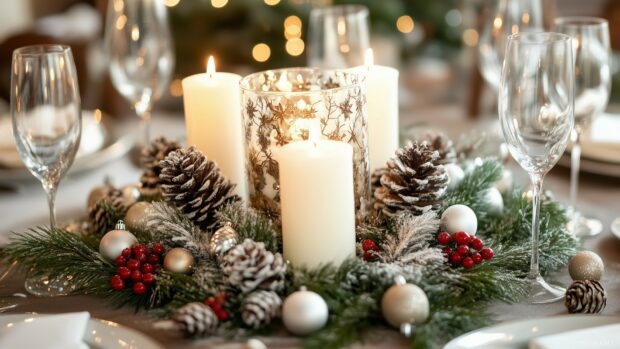 A festive Christmas centerpiece with white candles pine cones red berries and holiday greenery on a decorated table