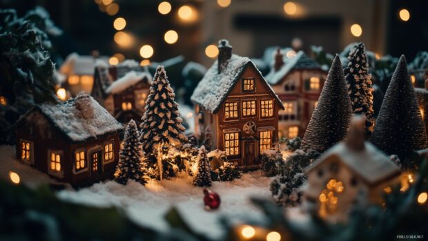 A cozy miniature village covered in snow with glowing windows and festive trees at Christmas