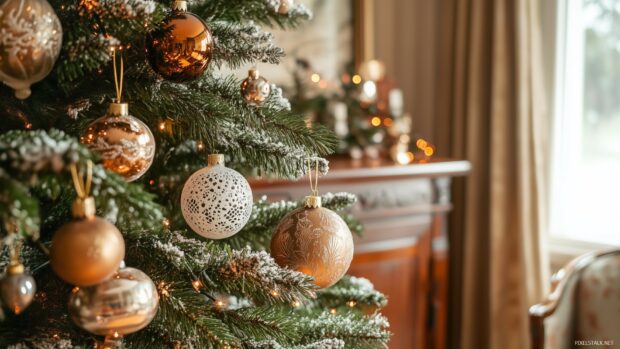 A festive Christmas tree decoration with elegant ornaments and snowy pine branches indoors