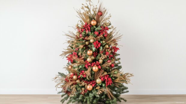 A Christmas tree decorated with red poinsettia and gold ornaments in a modern room