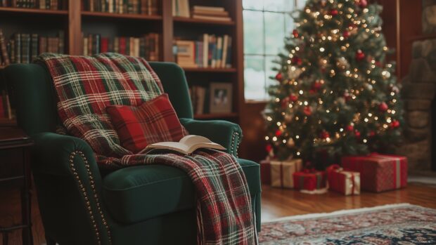 A cozy armchair with a plaid blanket and pillow in a Christmas living room
