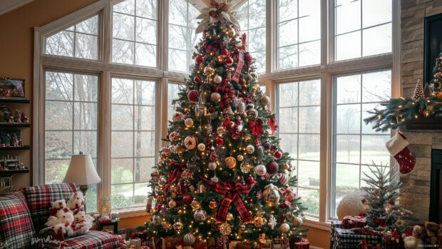 A decorated Christmas tree with plaid ribbons and ornaments in a cozy living room setting