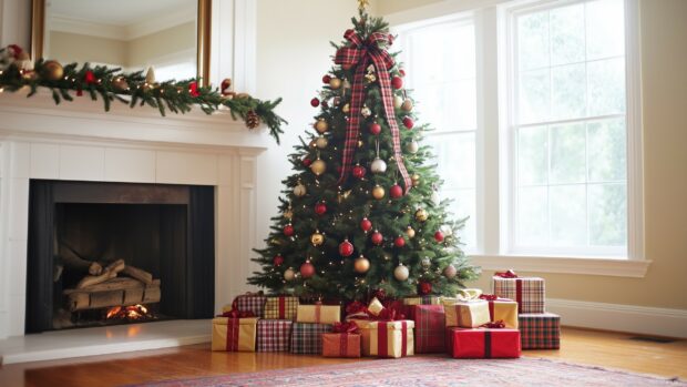 A festive Christmas tree with red and gold decorations surrounded by gifts in a cozy living room