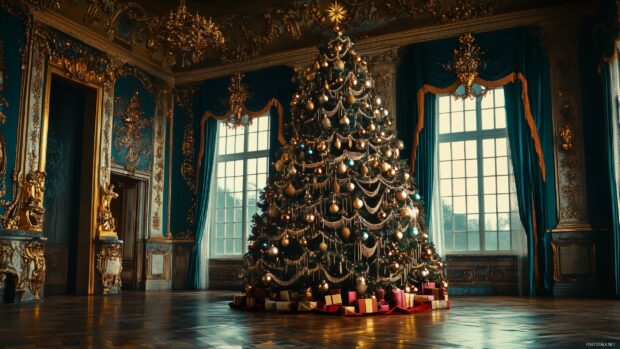 A majestic Christmas tree decorated with elegant ornaments and garlands in a luxurious room with golden accents and large windows
