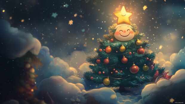 A smiling Christmas tree decorated with colorful ornaments and a glowing star on top in a snowy night sky