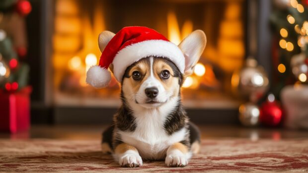 A cute puppy wearing a Santa hat lying in front of a warm Christmas scene