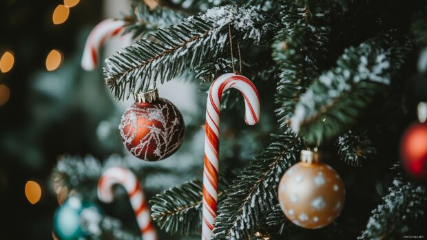 A close up of Christmas decorations on pine branches with candy canes and ornaments covered in snow