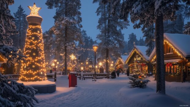 A festive Christmas lights display decorates a snowy village with glowing decorations and illuminated trees