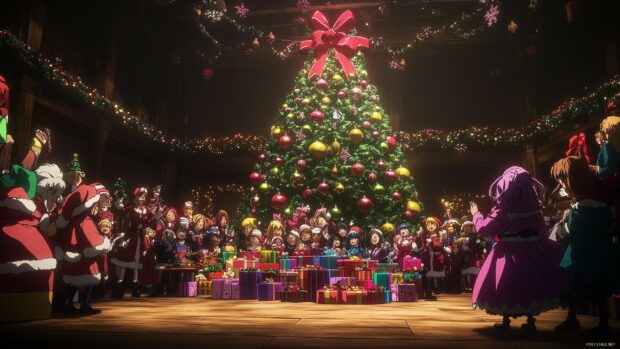 A festive Christmas lights scene with a large decorated tree and many people celebrating around gifts