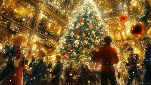 A festive scene with Christmas lights and decorations around a large tree in a crowded hall