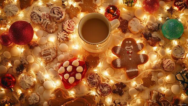 A festive scene with Christmas lights cookies and a cup of coffee on a table