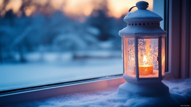 A glowing candle inside a snowy lantern creating a warm Christmas lights atmosphere by the window