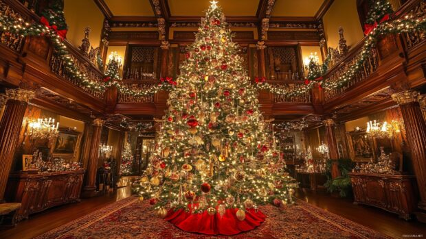 A grand Christmas tree decorated with Christmas lights and ornaments in an elegant room