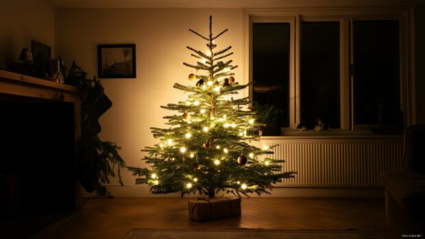 A beautifully decorated Christmas tree with glowing lights in a cozy living room setting