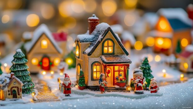 A miniature Christmas lights village with snow covered houses and festive figurines displaying Christmas lights