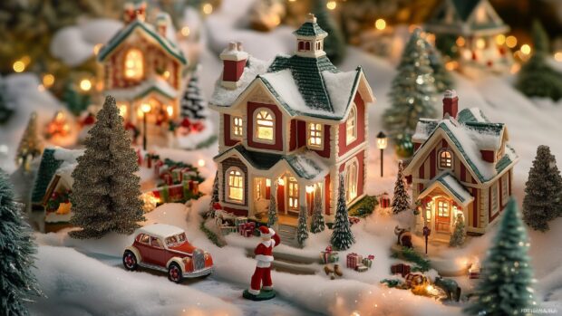 A miniature Christmas lights scene with snow covered houses and a red vintage car