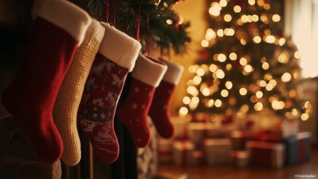Christmas stockings hanging by the fireplace with Christmas lights in the background