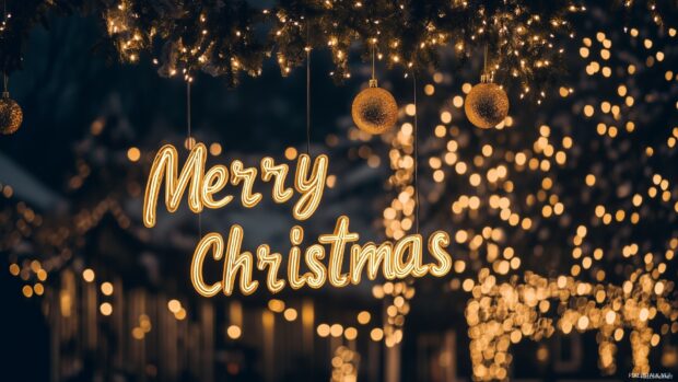 Merry Christmas lights decoration on a pine tree with glowing baubles and festive bokeh lights