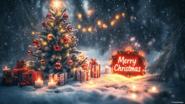 A Christmas tree decorated with Christmas lights and presents in a snowy setting