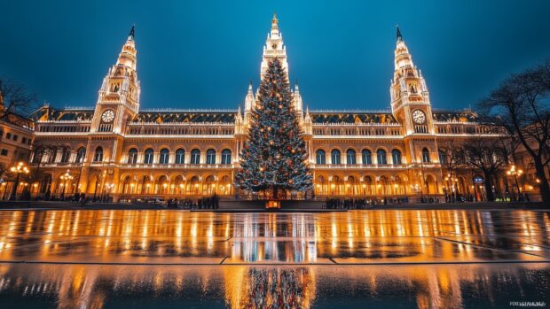 A large Christmas tree decorated with colorful lights in front of an illuminated historic building at night
