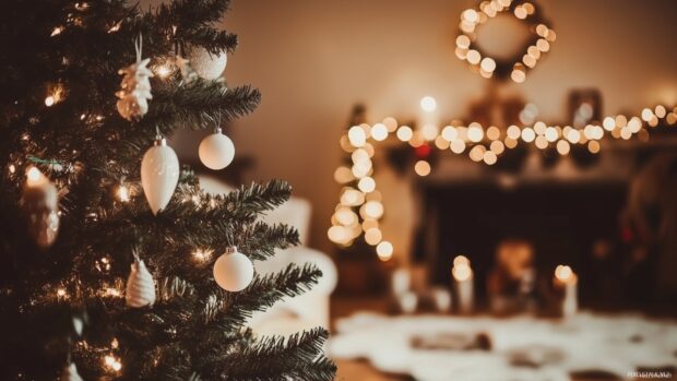 A close up of Christmas lights on a decorated tree with blurred warm festive lights in the background