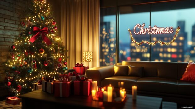 A beautifully decorated Christmas tree with Christmas lights and gifts in a cozy living room setting