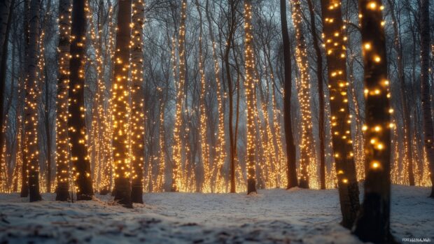 Trees wrapped with glowing Christmas lights in a snowy forest at dusk
