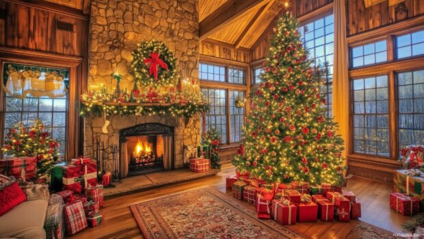 A cozy living room decorated with Christmas lights and a Christmas tree surrounded by presents