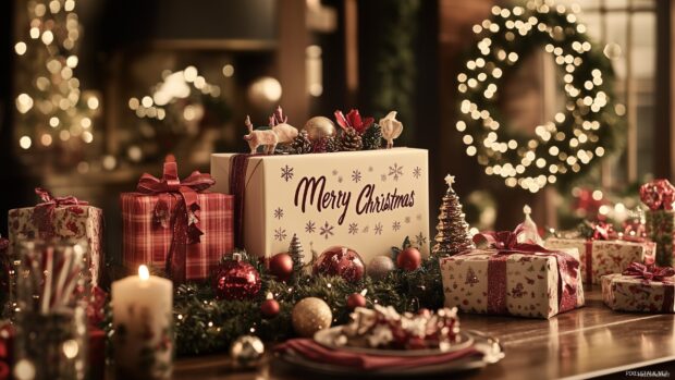 A festive Christmas lights scene featuring decorated gift boxes and glowing ornaments on a wooden table