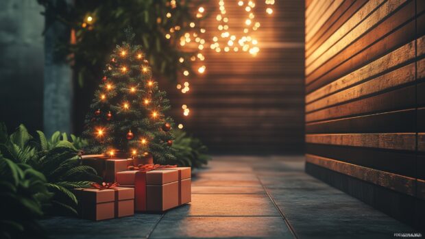 Small Christmas tree decorated with Christmas lights and gift boxes on the floor near plants and wooden wall