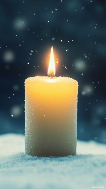 A candle with a warm flame glowing in the snow during Christmas winter night