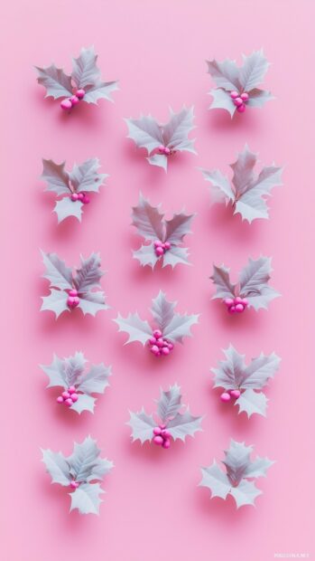 Pink background with white leaves and pink berries in a festive Christmas pattern