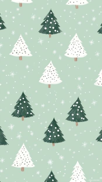 Green and white Christmas trees with snowflakes on a light green background