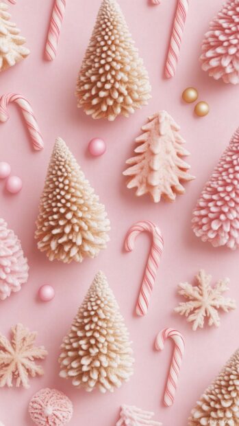 Christmas trees and candy canes on a pink background with festive decorations
