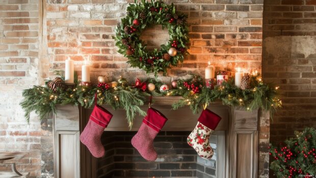 Christmas wreath and hanging stockings decorating a cozy fireplace mantel