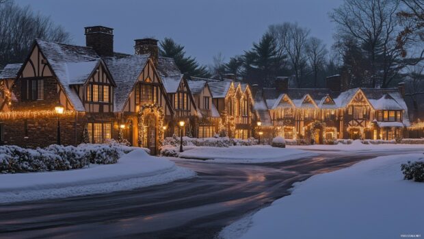 Snowy Christmas village with festive lights decorating cozy houses in winter