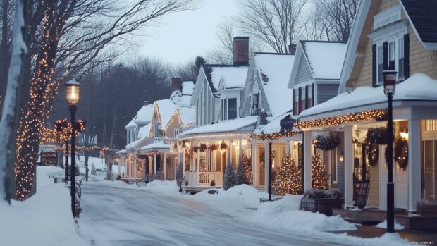A winter town street decorated with Christmas lights and festive decorations in a snowy setting